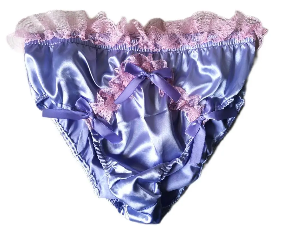 French Sexy Adult Customized Fetishist Crossdressing Sissy Purple Satin Pink Lace Patch Ribbon Bow Decorative Triangle Shorts