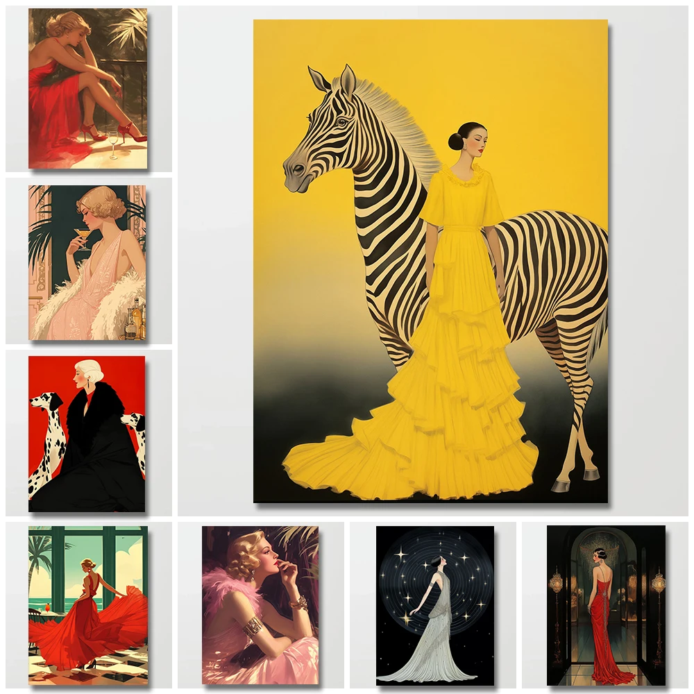 Женщина в красном платье, танцы с далматинцами зебры, постер, холст, картина с принтом, современное украшение середины века для гостиной, дома