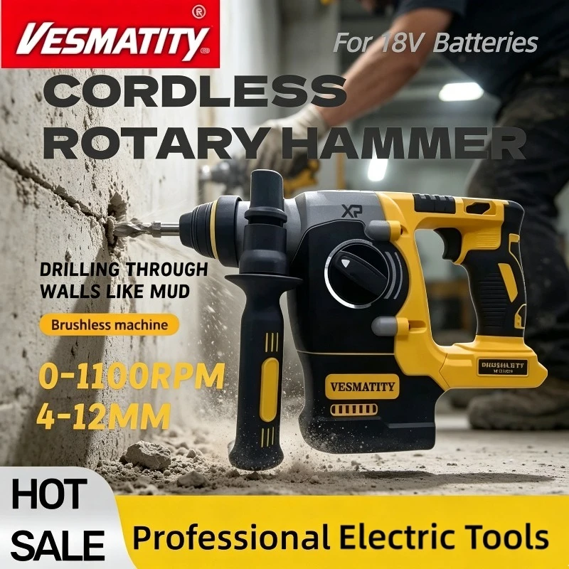 Efficient for Concrete,Brick&Stone Drilling,Brushless Cordless Rotary Hammer, 6.0Ah Battery, 2.1J Impact Energy, 360°Handle.