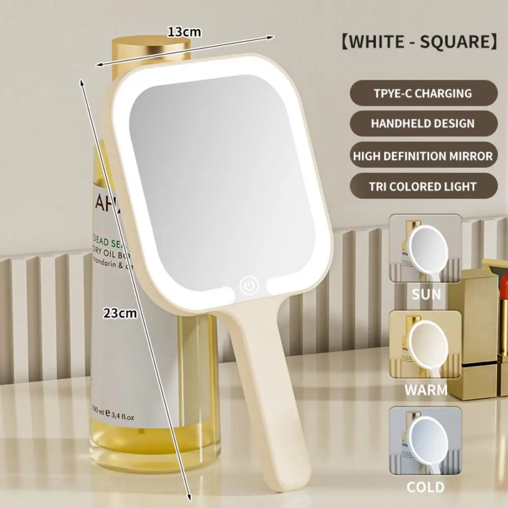 

Fill Light LED Makeup Mirror Square/Round 3 Color Dimmable Lights Lighted Hand Mirror Compact Adjustable Brightness