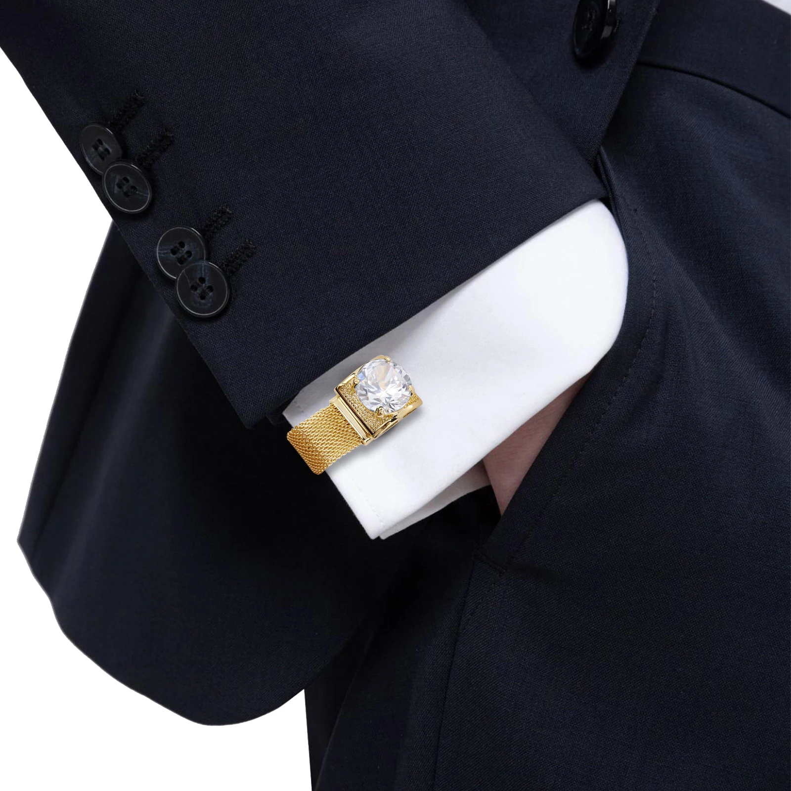Men Birthstone Cufflinks Gold Mesh Chain Oval Crystal Zircon Cuff Links for French Shirt Birthday Gift for Men HAWSON