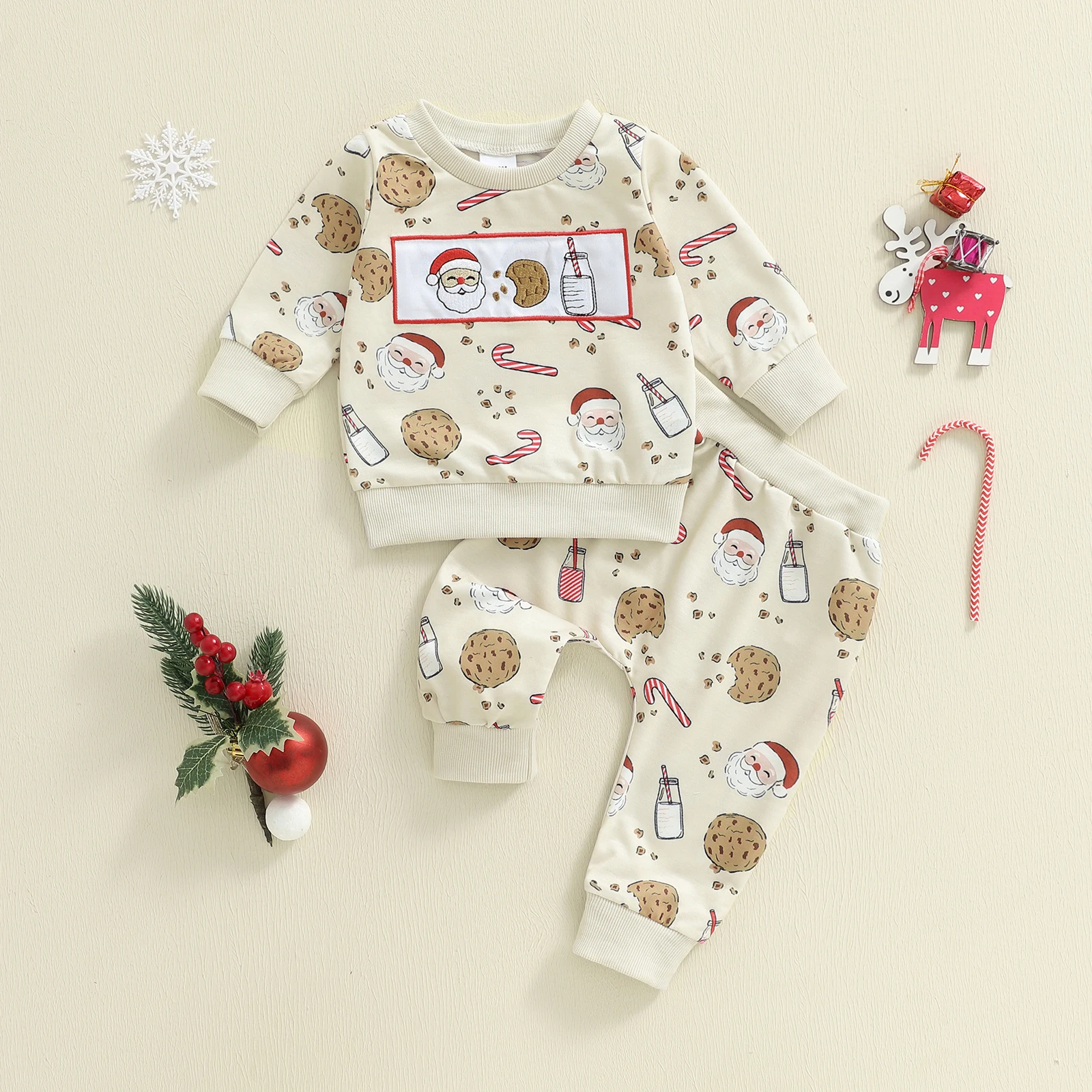 طفل رضيع ملابس عيد الميلاد طويلة الأكمام سانتا كلوز طباعة البلوز البلوز ركض السراويل الخريف الشتاء الملابس #2