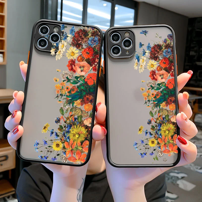 Oil Painting Flower Phone Case For iPhone 15 11 12 13 14 Pro Max Horizontal flower Cases for iPhone X XS XR 7 8 Plus SE2 Cover