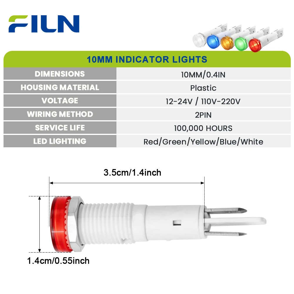 FILN 3PCS 10mm IP67 Waterproof Warning Lights 12V-24V/110V-220V LED Indicator Lamps for Car Industrial Equipment Control Panel