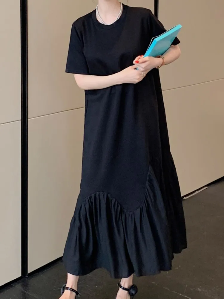ฤดูร้อนหลวม Patchwork T เสื้อจีบผู้หญิง Oversize Elegant Vintage ผ้าฝ้ายสุภาพสตรีชุดสีดําชุดผู้หญิง Vestidos