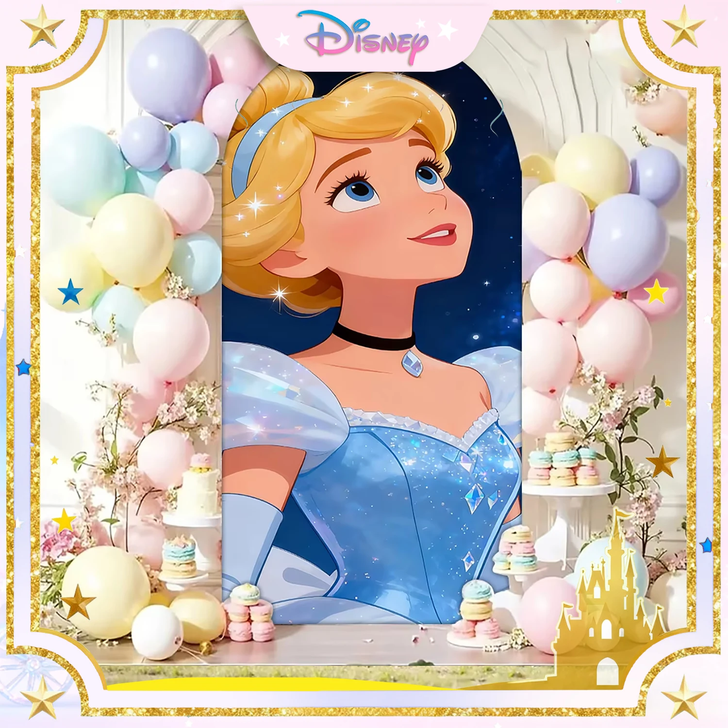 

Disney Cinderella Arch Backdrop Cover Glass Slipper Castle Princess Girl Happy Birthday Party Baby Shower Arch Background
