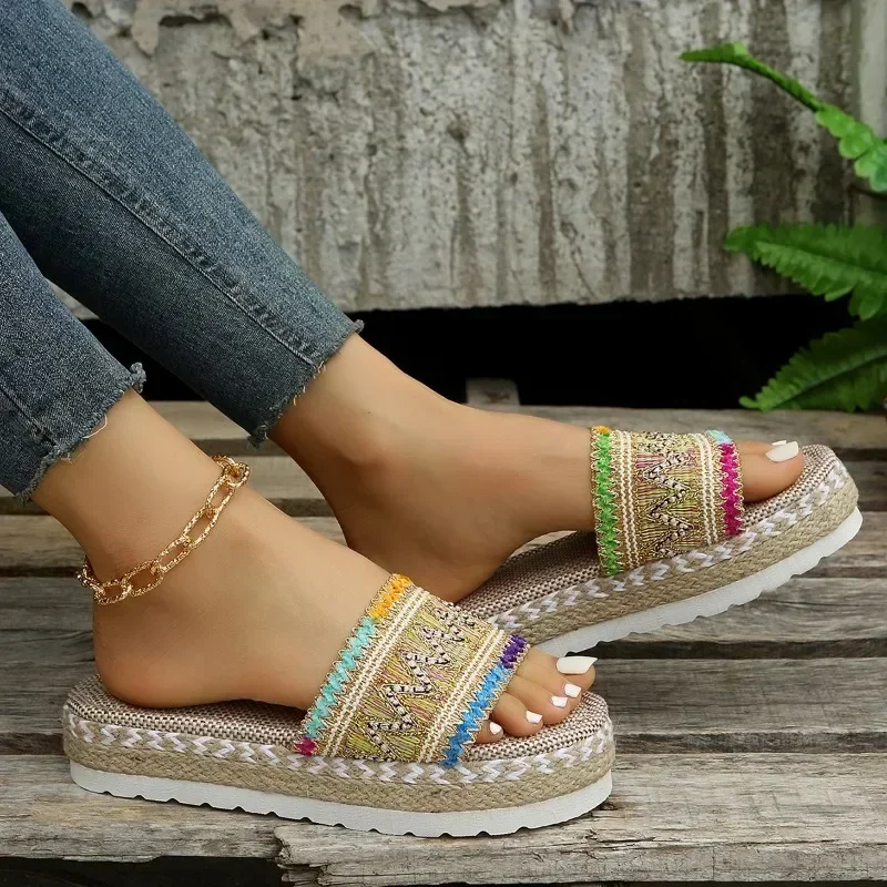 

2024 Summer Ladies Slippers Outdoor Beach Sandals Bohemian Ethnic Style Handmade Espadrilles Platform Slippers Flip Flops Women