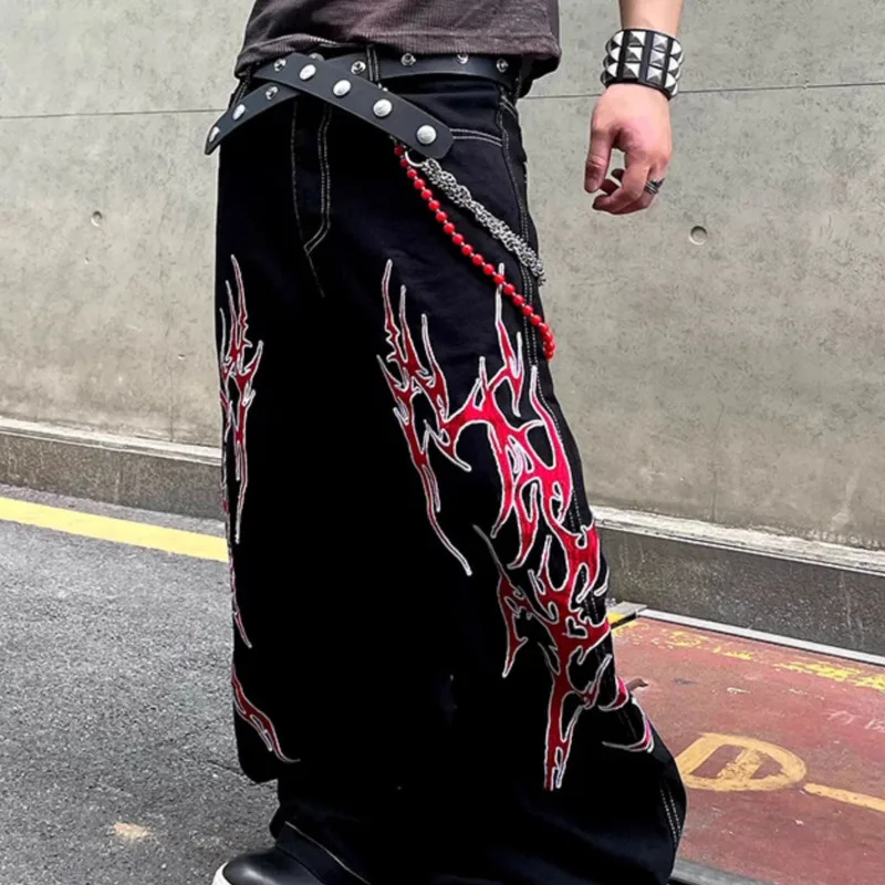 HKSH Jeans Bordir Duri Chic Desain Ceruk Retro Amerika Pasang Pria Baru Musim Semi Musim Panas Celana Longgar Lurus Kasual Ins HK5812