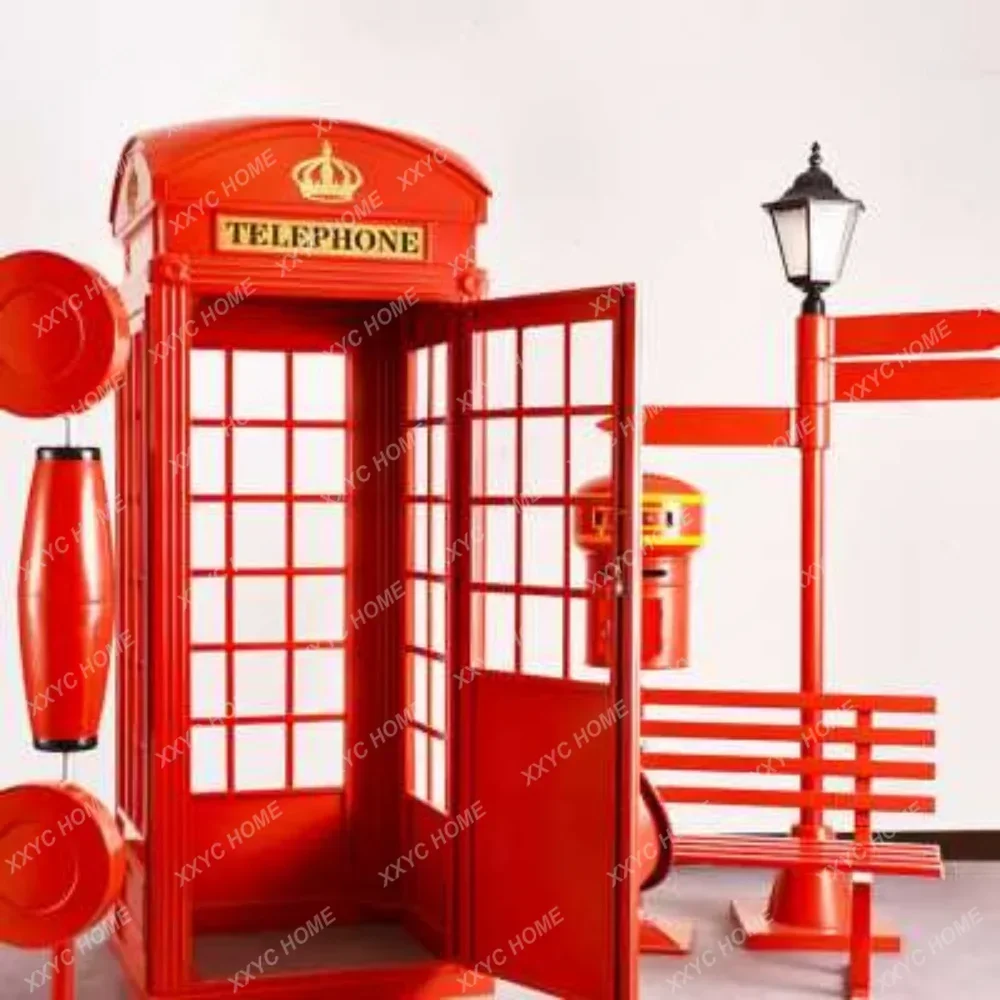 

Retro Iron Art Telephone Booth Set Outdoor Large Prop Decoration Punch-in Decorations Bar Ktv Decoration