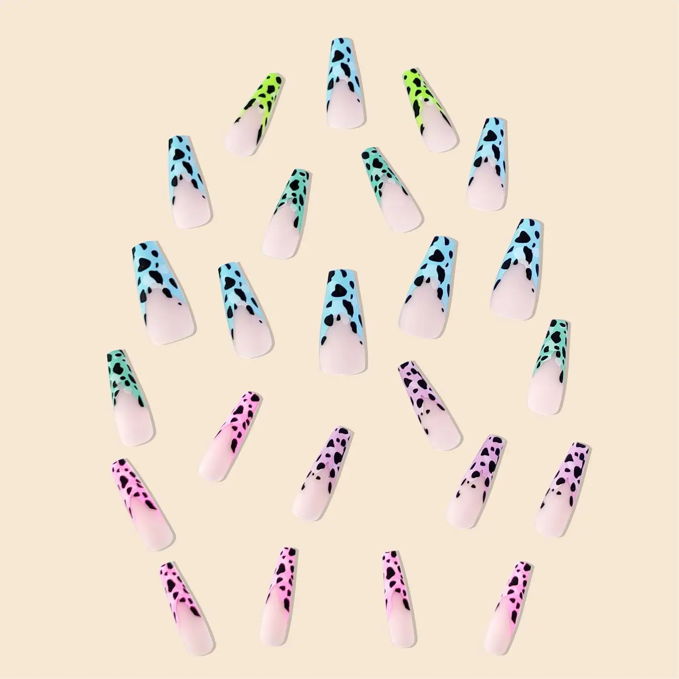 Moda Modne Kobiety Dziewczyny 24Pcs/Set Długi Balet Francuski Kolorowy Leopard Print Pełne pokrycie Nadające się do noszenia Fałszywe paznokcie Naciśnij na Nail Art