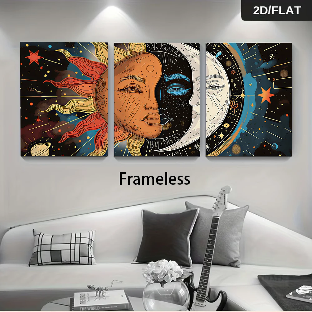 3PCS Large-sized frameless canvas paintings,1 set of three-panel frameless paintings of the sun, moon, and stars; modern abstrac