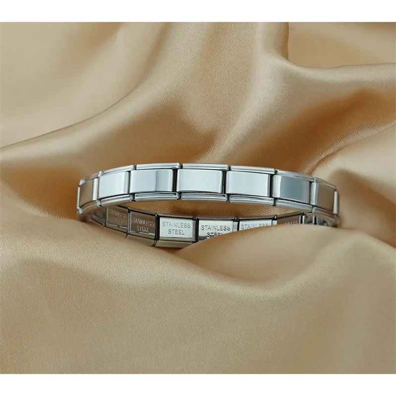 Brazalete elástico de acero inoxidable con dije italiano cuadrado de Color plateado para mujeres y hombres, pulsera elástica con cadena de eslabones Vintage judía