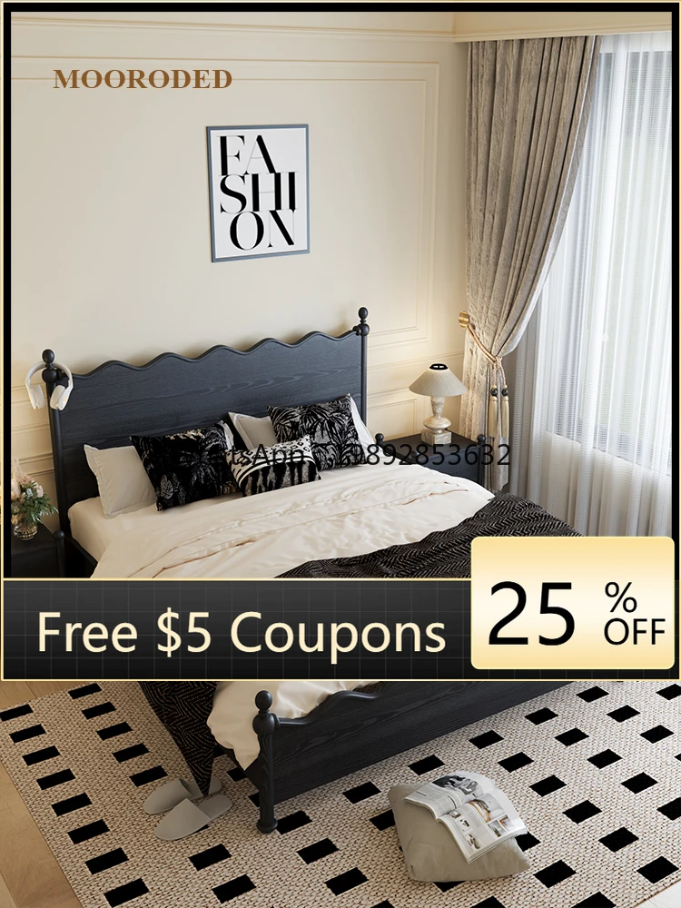 

YFY Vintage Style Bed Solid Wood Simple French Retro Master Bedroom Bed Home Cream Style Double Bed