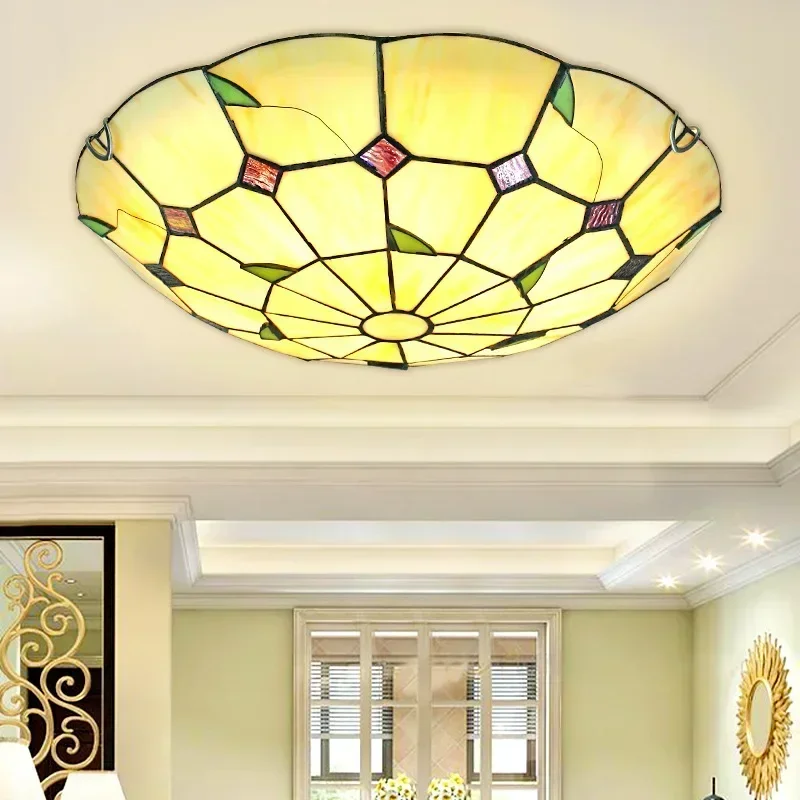 Tiffany Chandelier Ceiling Light Mediterranean Bohemian Luminaria Decoration for Living Room Stained Glass Leaf Fixture LED Lamp