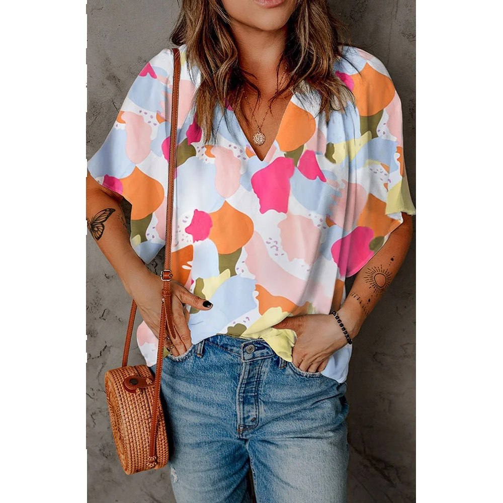 

Shiying New Summer Thin Chiffon Shirt Women's Printed V-Neck Short Sleeve Loose Relaxed Pullover