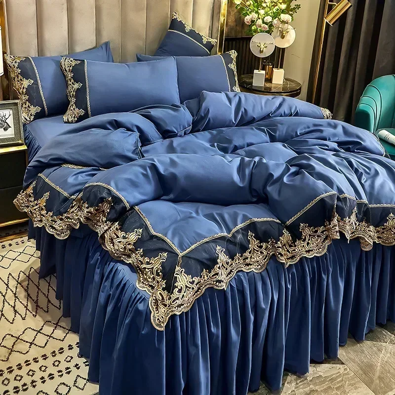 Bedding Sets Luxury Korea Princess Lace Embroidery Duvet Cover Bed Skirt and Pillowcase Nordic Full Size Comforter Bed Cover Set