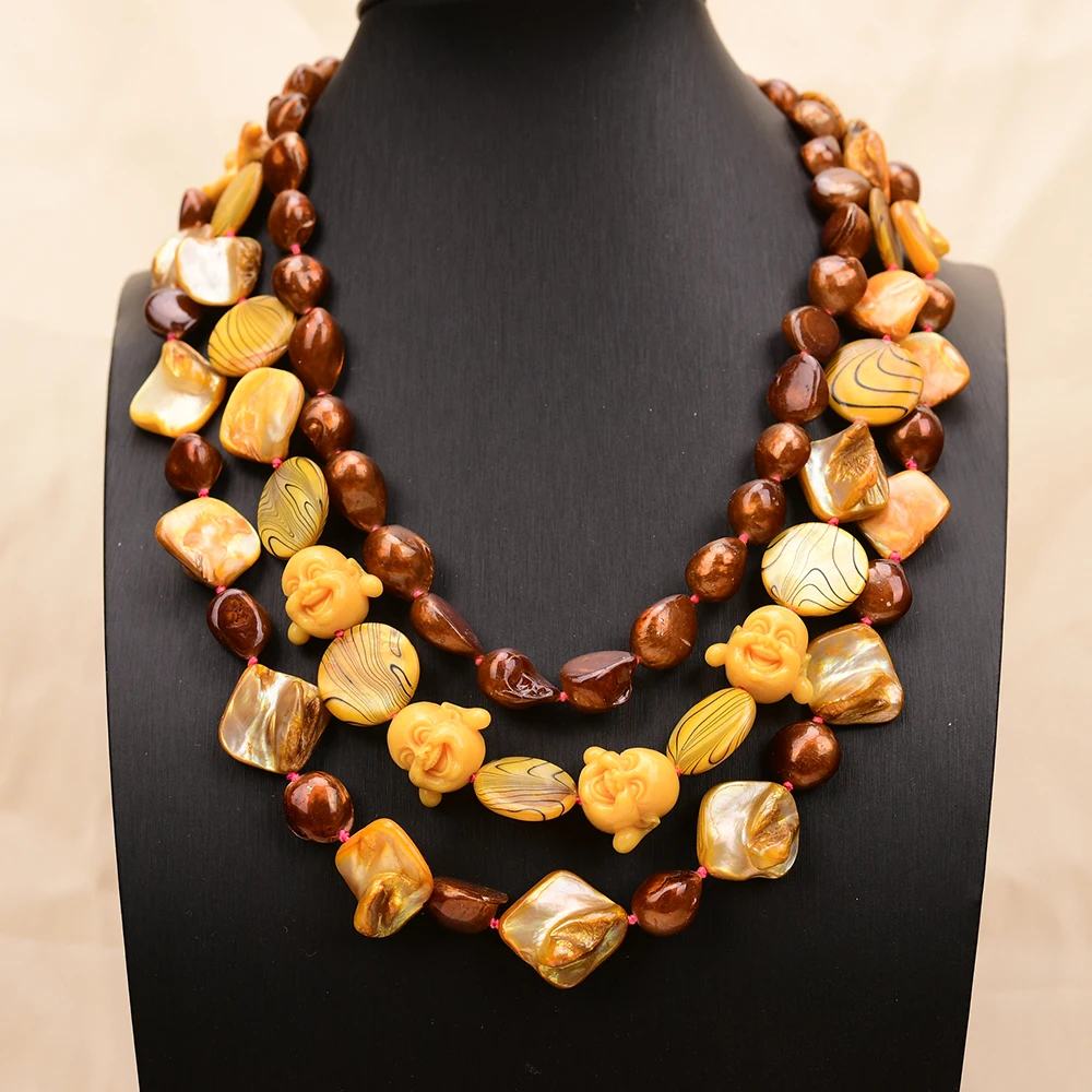 APDGG A99 Handmade 3 Rows Natural Mix Stone Jasper Shell Resin Face Multi Strands Necklace