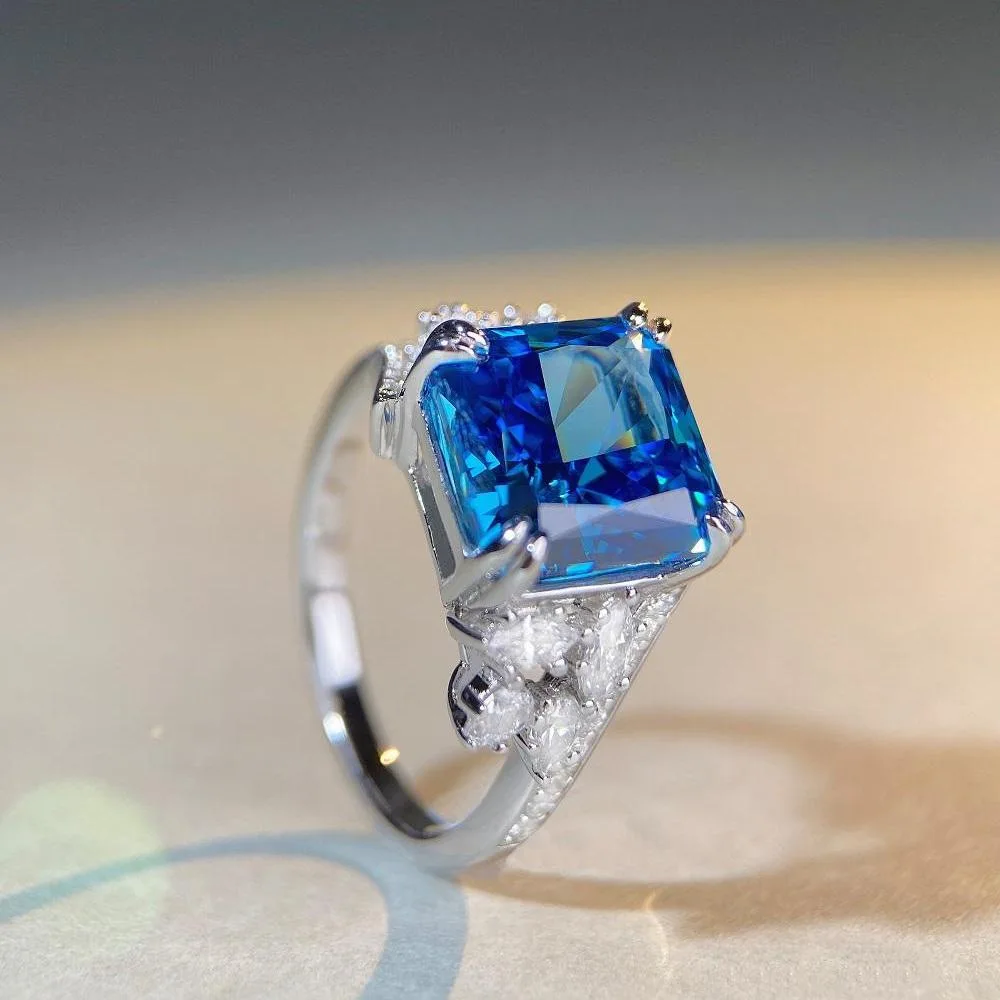 

New S925 sterling silver deep sea blue treasure ring women's full diamond original design high carbon diamond zircon ring