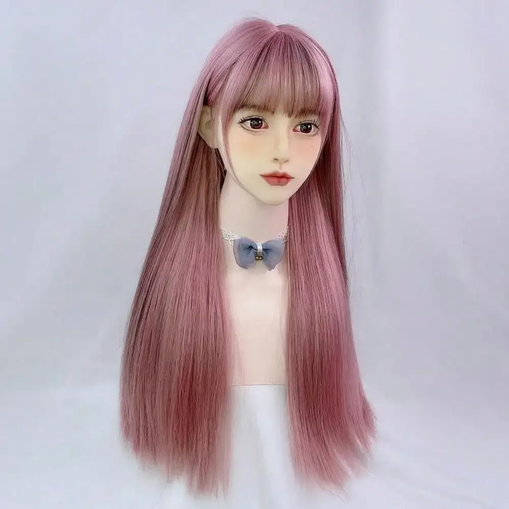 High-Quality Pink Straight Hair Synthetic Bangs Wig Non-Adhesive Heat-Resistant Fiber Fashion Female Wig Suitable For Party