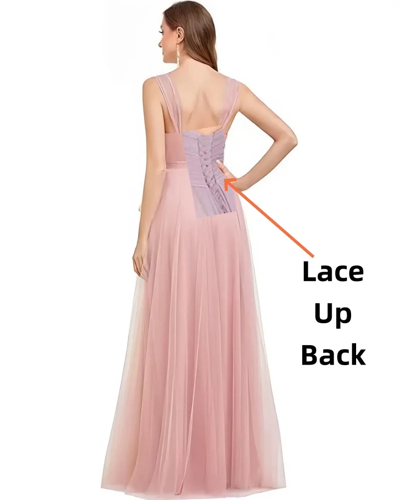 Elegante V-Hals Sjerp Empire Taille Prom Jurken A-Line Maxi Tule Wikkel Jurk Spaghettibandjes Bruidsmeisje Jurk Met Veter Rug