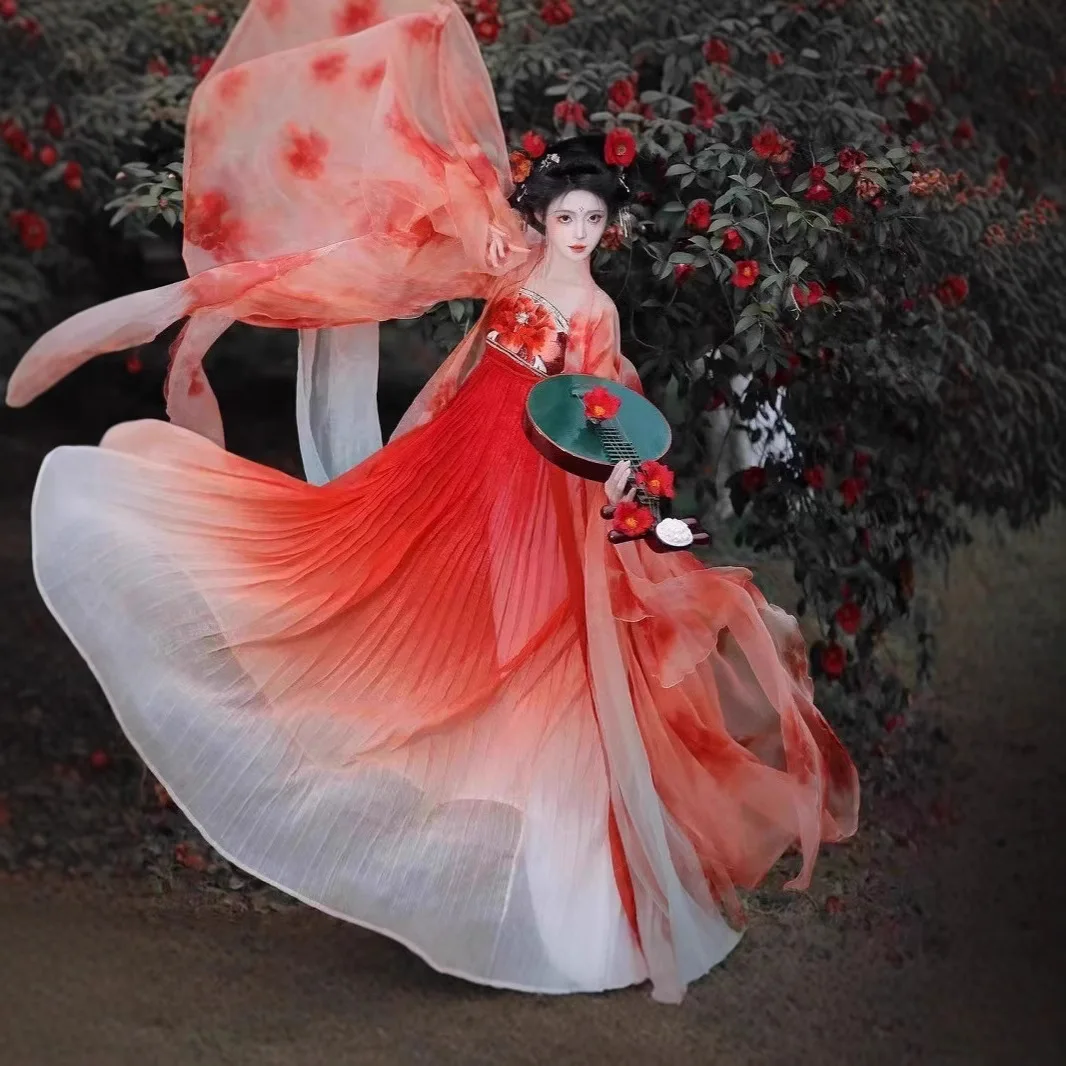 

Women In Hanfu[]Tang Dynasty Style Chest-High Hezi Skirt With Petal Ripped Large Sleeves Red Koi Super Fairy Han Element Spring