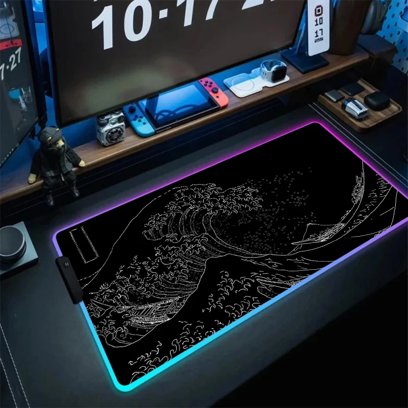 Imagem -04 - Rgb Mouse Pad com Tapete Backlight Grande Tapete de Mesa Led Japão Grandes Ondas Arte Kawaii Gaming Acessórios Teclado de Computador Xxl