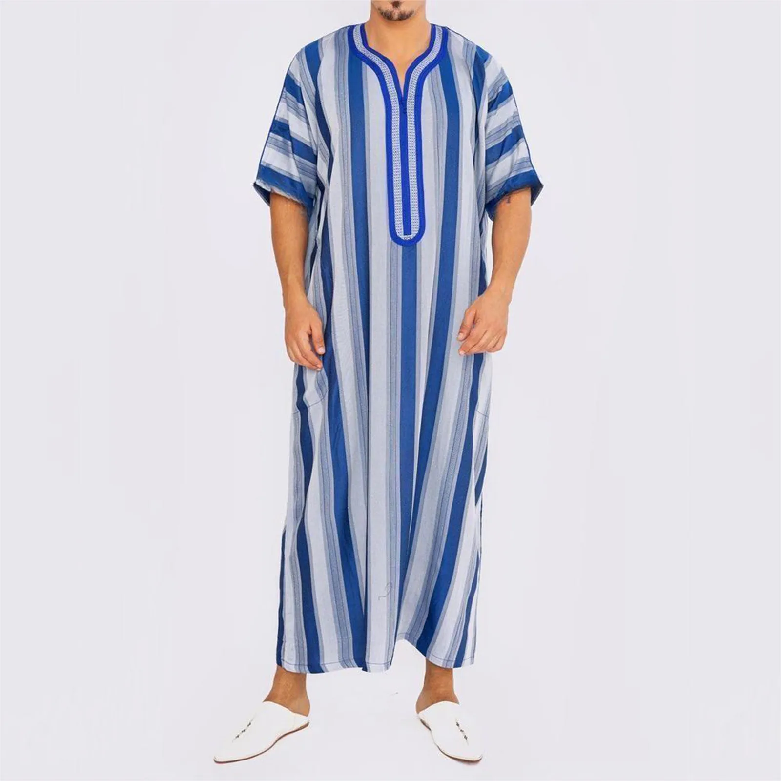 Jubba Thobe do Oriente Médio para homens, Abaya árabe, roupa listrada de retalhos muçulmanos, caftans sauditas soltos masculinos, túnica de kaftan listrada, nova