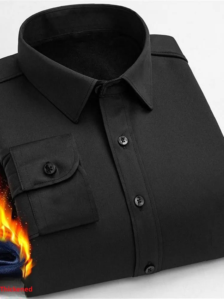 

Men's Slim Fit Long Sleeve Fleece Lined Thickened Warm Shirt Black Casual Top for Winter Inner Wear Comfortable Home Clothes