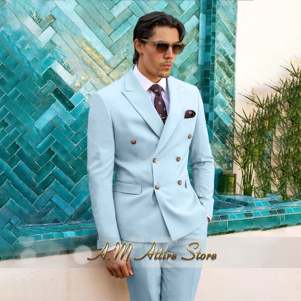 Terno masculino elegante de 2 peças, jaqueta bege com botões duplos, conjunto de calças para banquete de casamento, festa de ação de graças, smoking personalizado