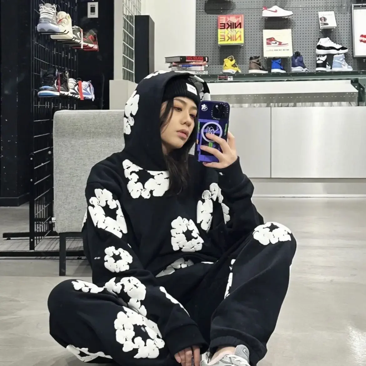 Fashion Top Quality Flower New Men's Women's Same Kapok Foam Printing High Street Fleece Hooded Sweater with Trousers Set