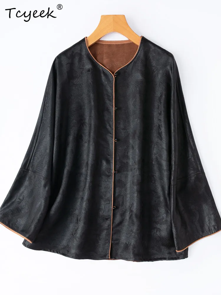 Tcyeek 50MM 100% Real Mulberry Silk Shirt Women Spring Summer Clothes Elegant Women's Shirts Vintage Top Reversible Camisa Mujer