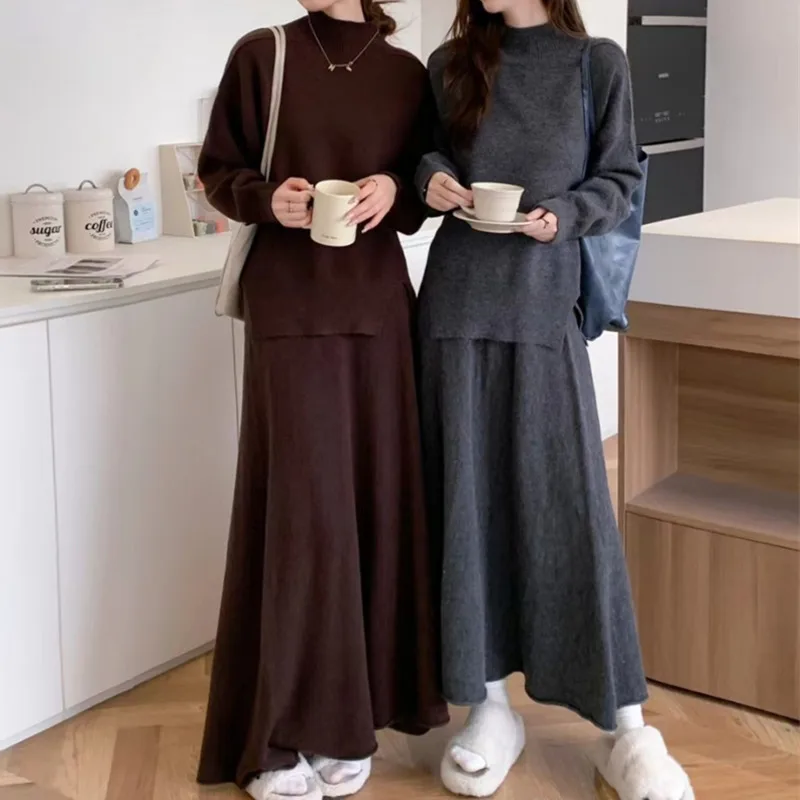 High Quality Lazy Fashion Casual Knitted 2 Piece Set Women Loose Pullover Tops + Long Skirt Sets Ladies Sweater Two Piece Suits