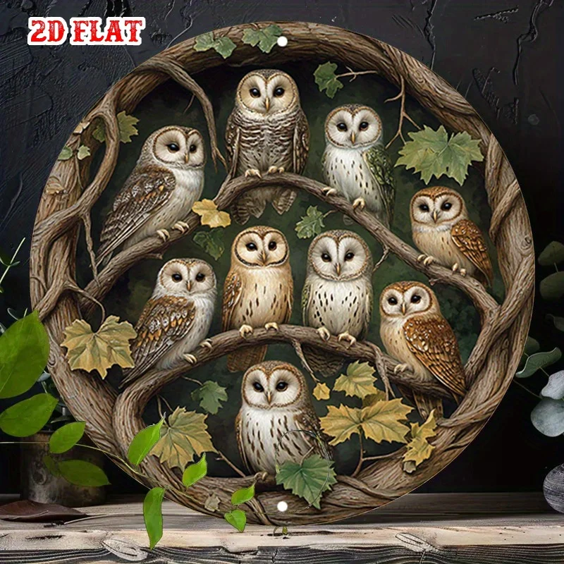 [2D Flat] Vintage Owl Metal Wall Art - Rustic Round Aluminum Sign with Owls Perched on Tree Branches & Green Leaves, Perfect for