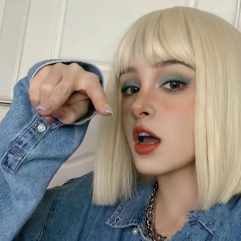 Light blonde fashion synthetic wig Short female Bob hair Female short straight high temperature silk wig head cover