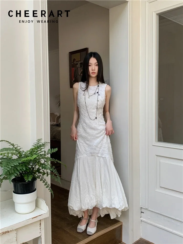 

CHEERART White Floral Embroidery Sleeveless Long Dress Elegant Party Tunics Bud Midi Evening Luxury Dress 2024 Designer Clothes