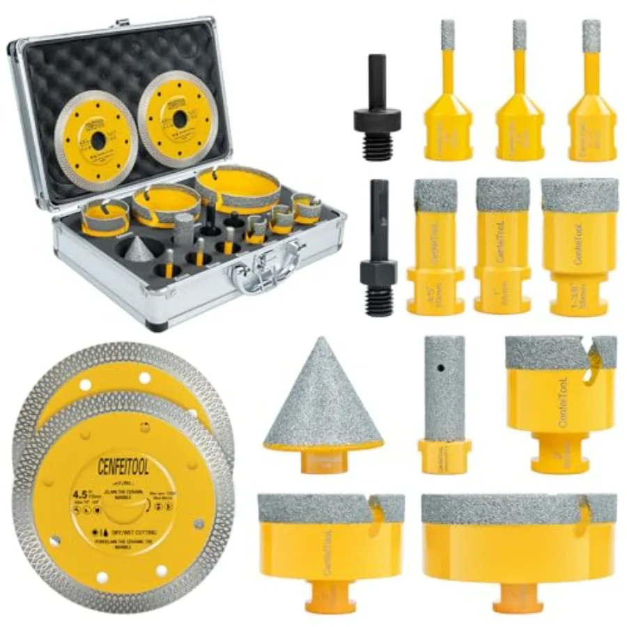 

Upgrade PCS Diamond Tile Hole Saw Kit: Tile Drill Bits 5/8-11 6/6/8/20/25/35/50/75/100mm, Finger Bit/Chamfer Bit/Cutting Disc/S