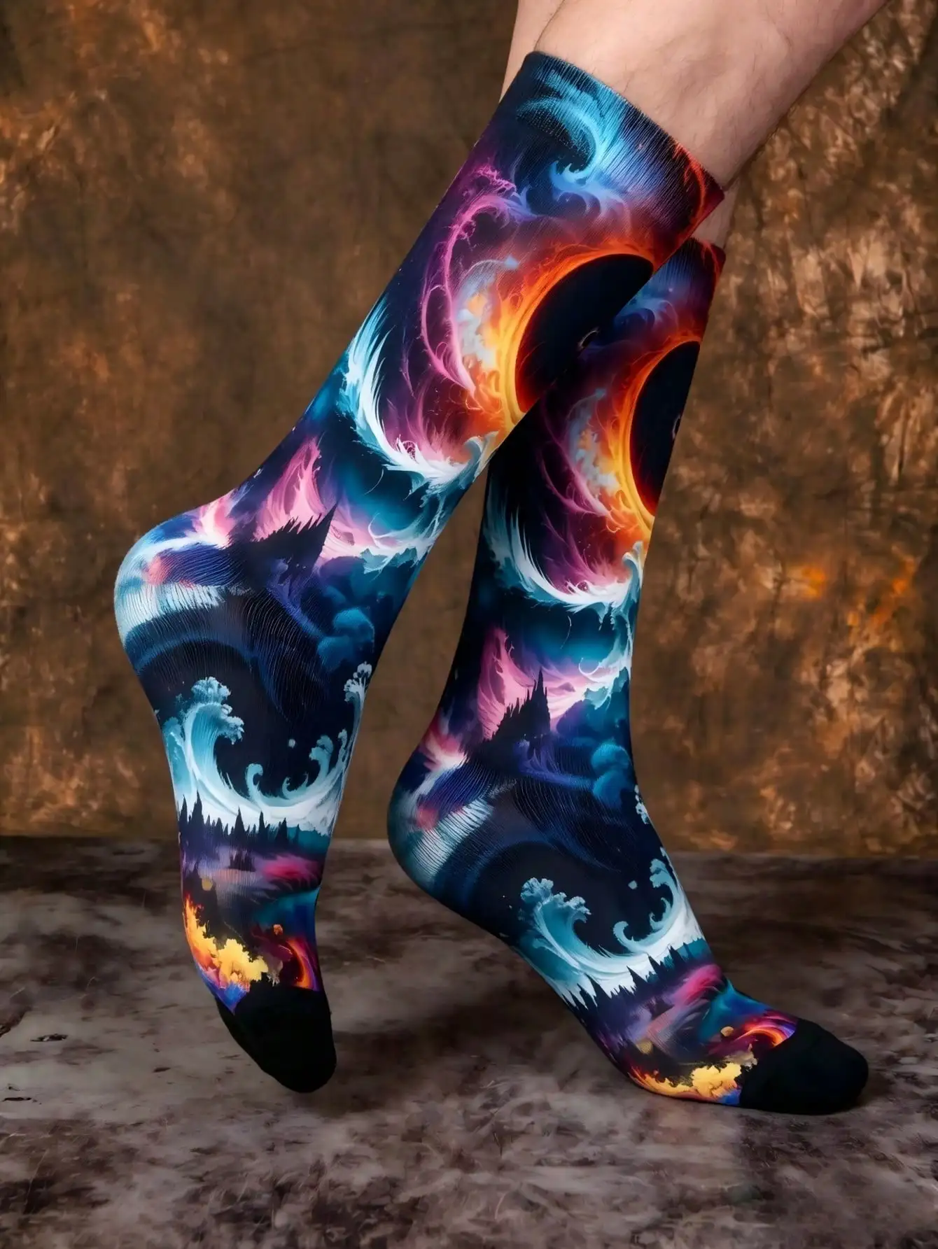 1 Pair of Japanese-Style Ukiyo-E Wave and Starry Sky Socks, Colorful Black Hole Gradient Print Mid-Calf Socks, Street Fashion Personality Men's Socks, Summer Trendy Outfit, Breathable and Sweat-Wicking, Casual, Multifunctional, Fashionable Cartoon Pattern Crew Socks, Suitable for Students, Adults, Gift-Giving, and Daily Use.