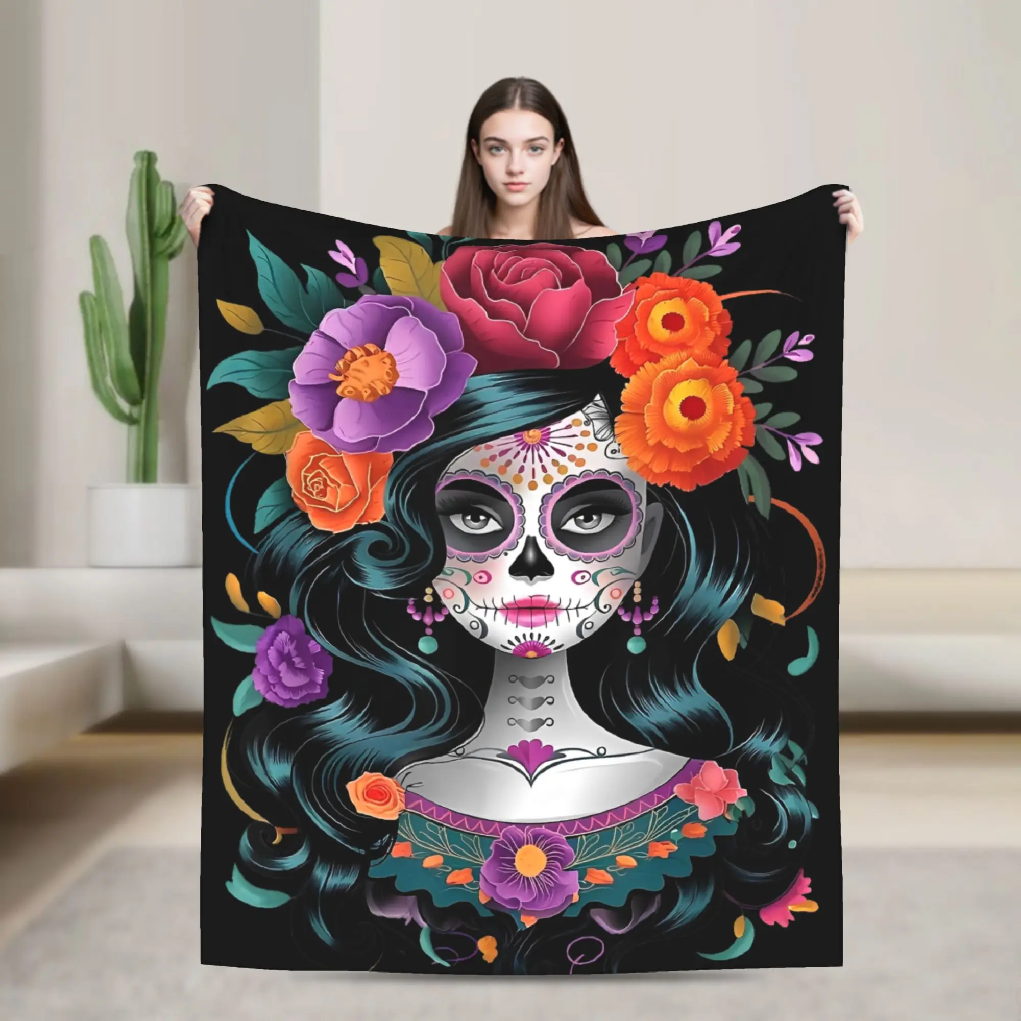 Day of the Dead Fleece Throw Blanket Sugar Skull Blanket for Sofa Travel Ultra-Soft Bedding Throws