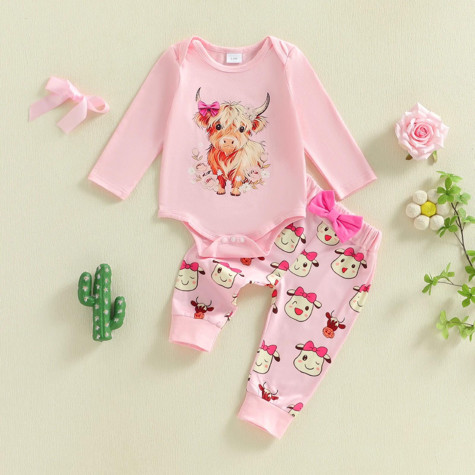 

Toddler Girls 2 Piece Outfit Set with Long Sleeve O Neck Highland Cattle Print Romper and Pants for Playtime