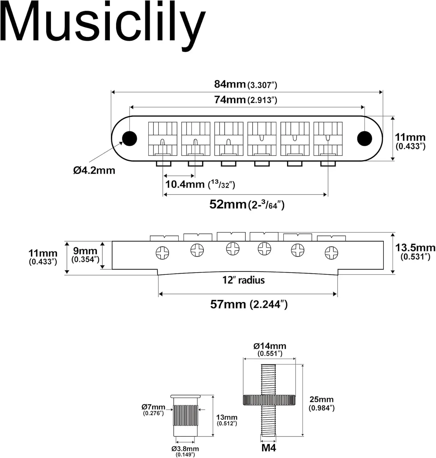 Wilkinson WOGB1 52mm (2-3/64 inch) Tune-O-Matic Bridge for USA Les Paul Epiphone SG Electric Guitar, Chrome