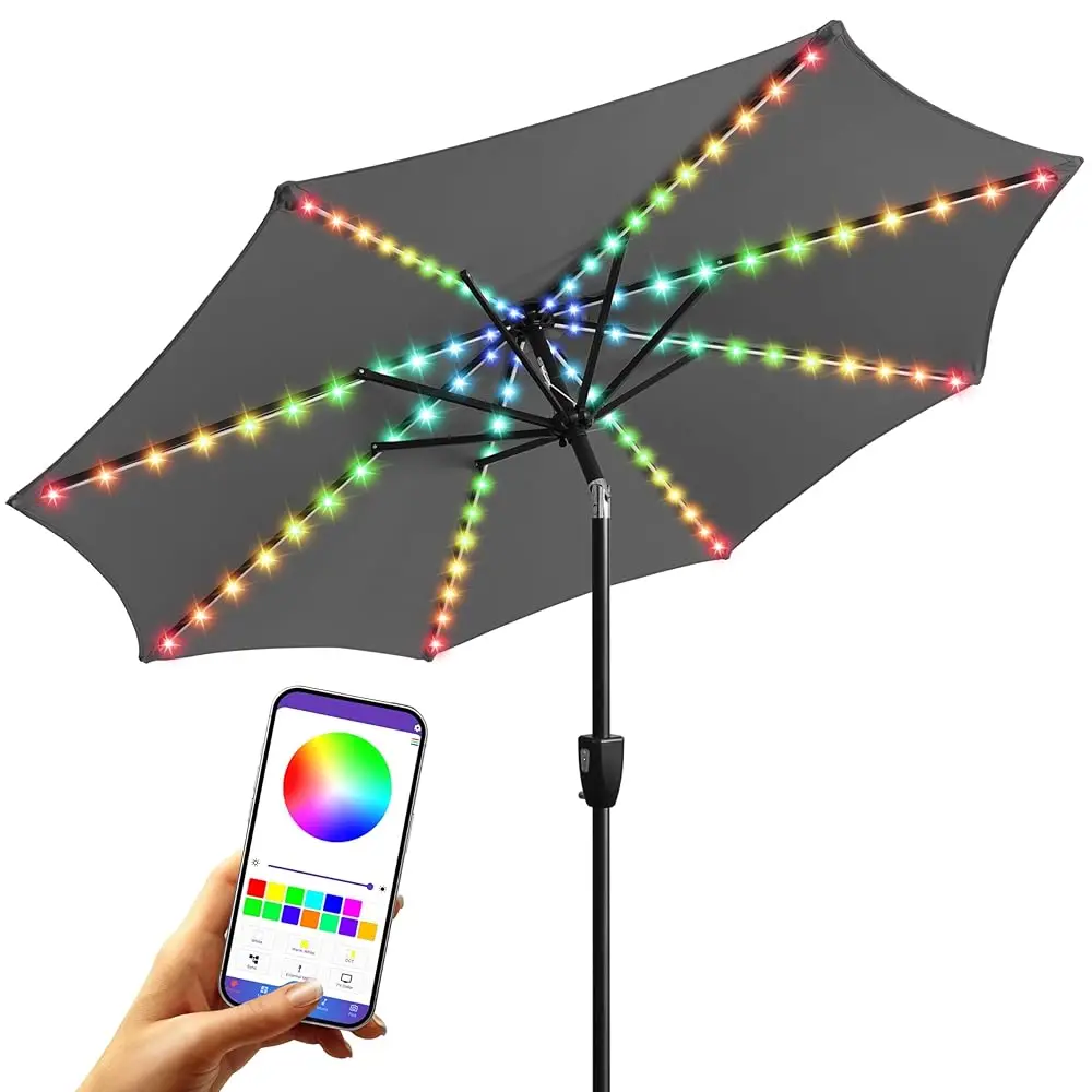 

Solar Colorful Led Lights Patio Umbrella, 7.5Ft Heavy Duty Outdoor Market Umbrella With 200+ Light Modes, All-Weather Uv