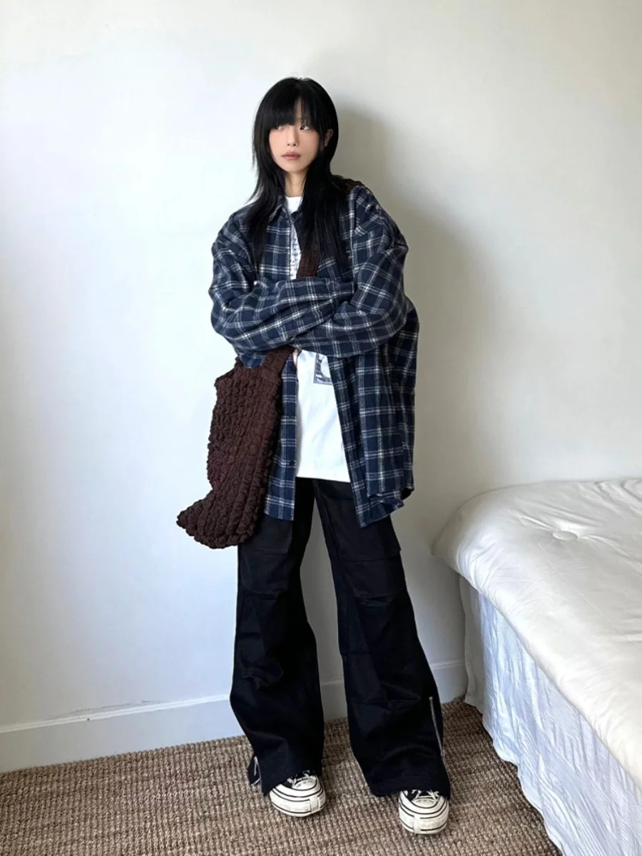 Spring Autumn Plaid Long Sleeve Fleece Brushed Color Block Casual Loose American Style Shirt for Men And Women Couples