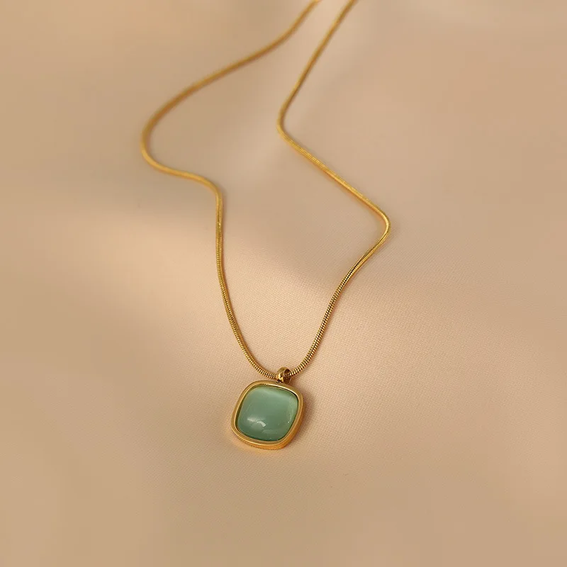 Stainless steel Stylish square green opal pendant necklace Feminine charm jewelry minimalist geometric necklace