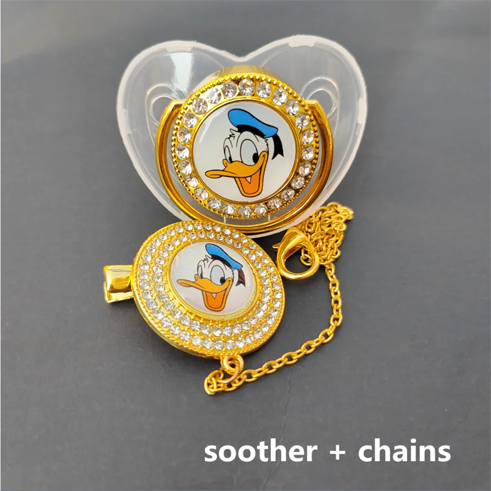 Disney Gold Bling Pacifier and Double Circle Rhinestones Holder Chains Mickey Mouse Print Chupeteors for Babies Boys Girls Gifts