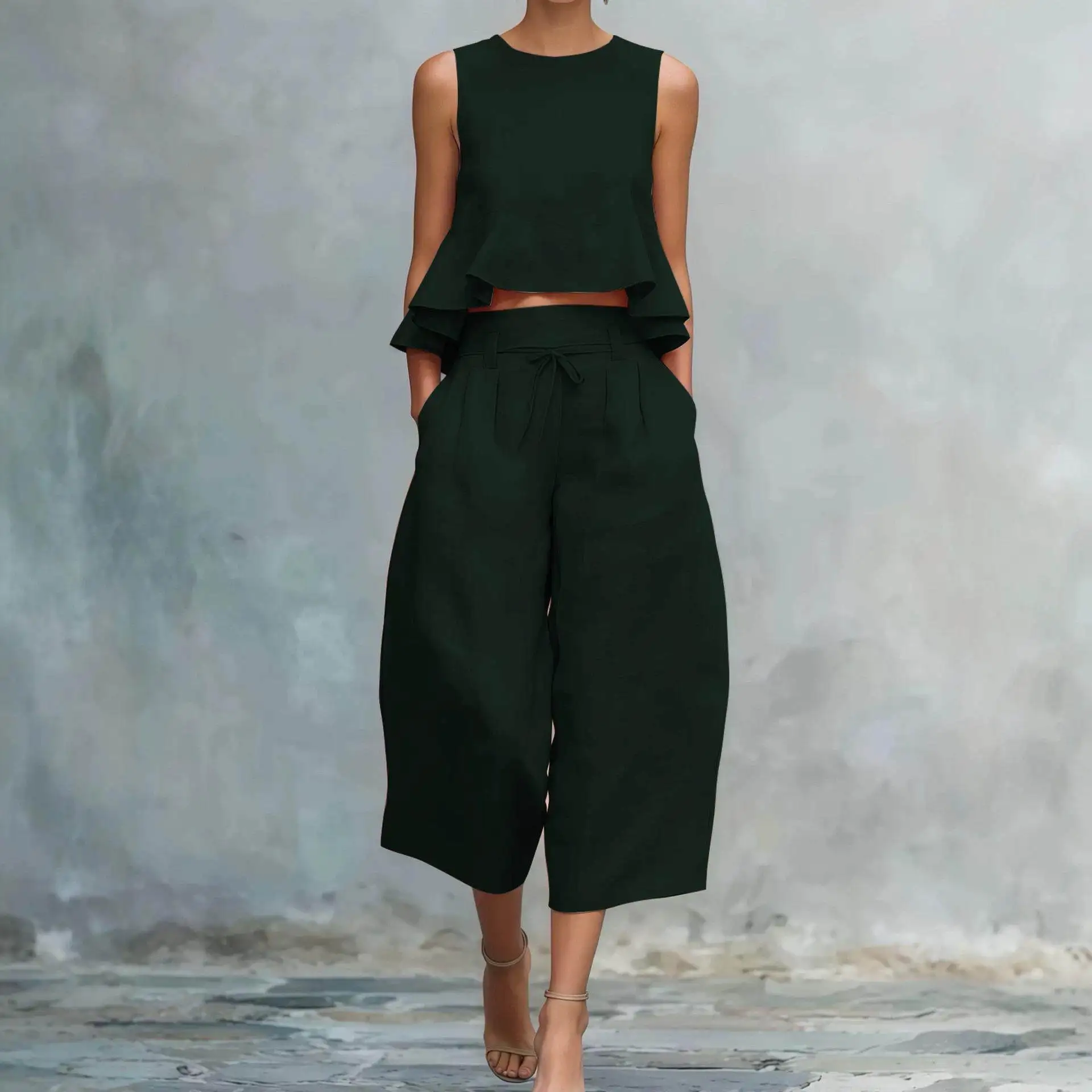 

Spring Summer 2026 Women's Linen Blend Crop Top High Waist Shorts Two Piece Set Sleeveless Belly Baring Casual Wear