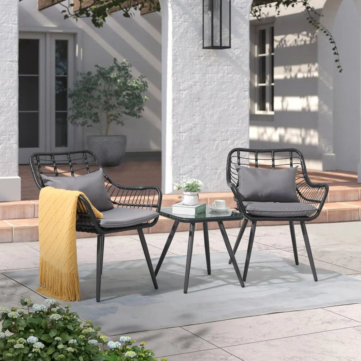 

Outdoor Wicker Conversation Chair Sets, All-Weather Rattan Bistro Furniture Set with Glass Top Table, Cushions & Lumbar Pillows