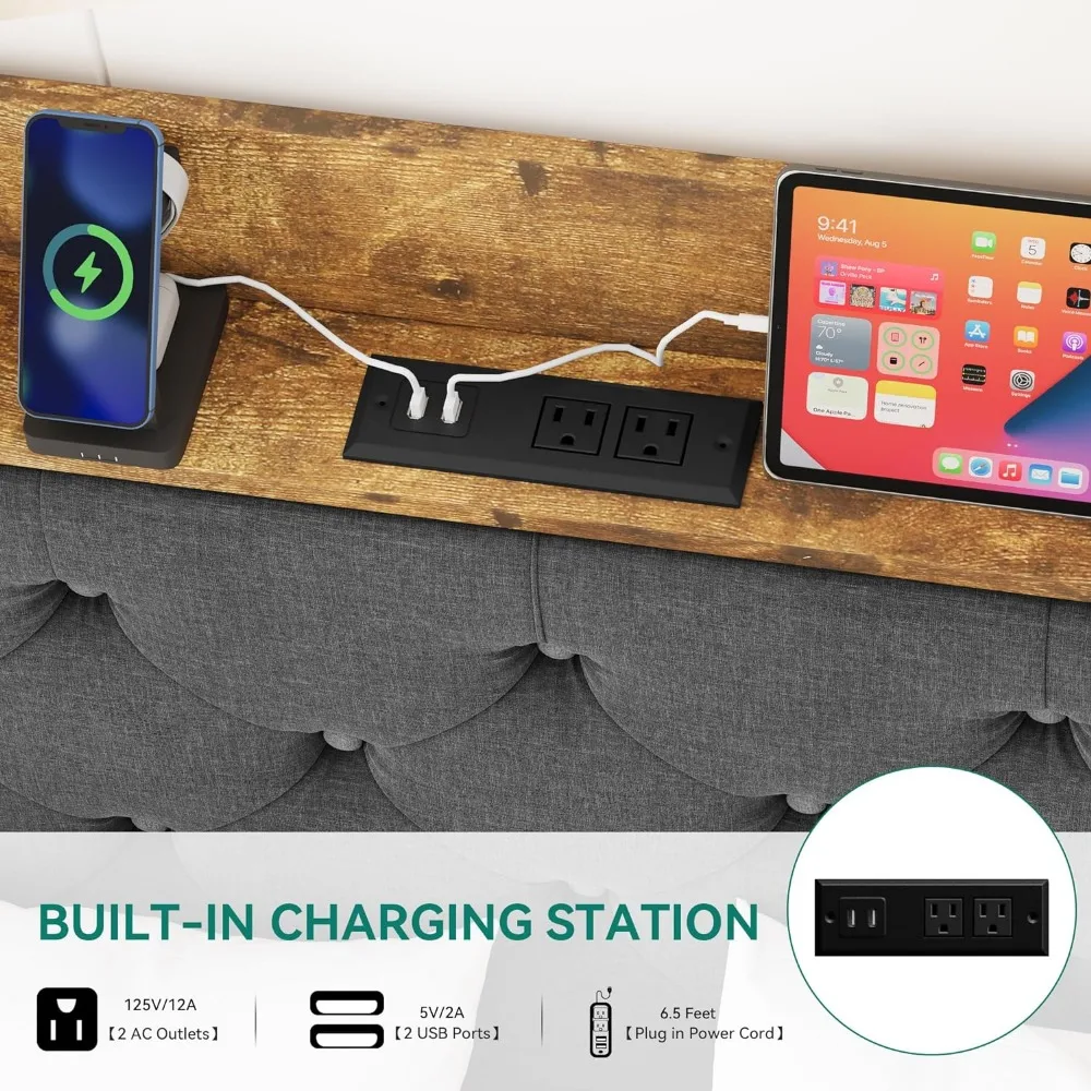 Queen Size Bed Frame with 4 Storage Drawers, Upholstered Platform Bed Frame with Wingback Storage Headboard