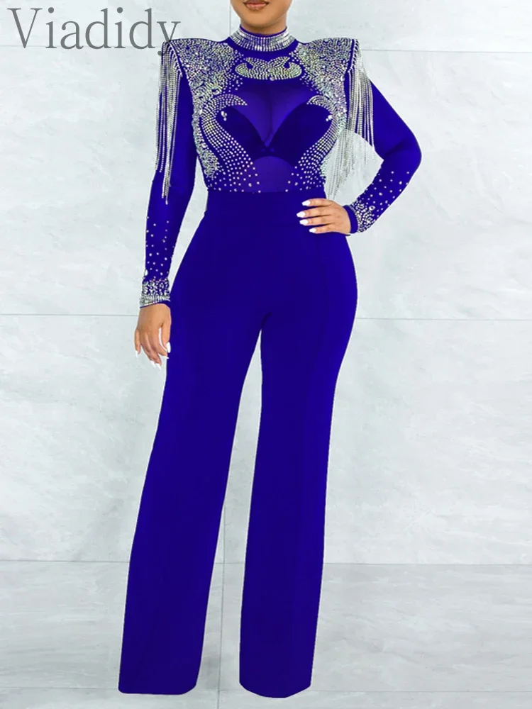 

Водолазка, прозрачная сетка, стразы, кисточки, декор, прямые комбинезоны с длинными рукавами