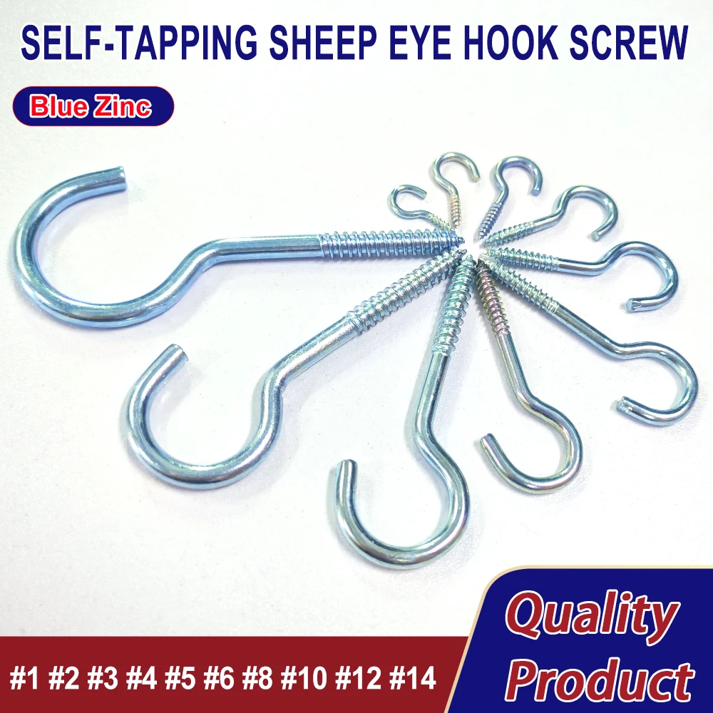 1# 2# 3# 4# 5# 6# 8# 10# 12#14# Opening Sheep Eye Lamp Hook Screws Self-tapping Hooks Screw Blue Zinc Plated Question Mark Hooks