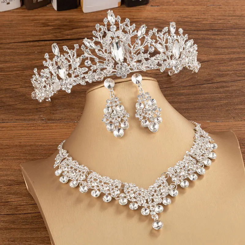 KMVEXO Gorgeous Crystal Bridal Jewelry Sets for Women Fashion Tiaras Earrings Necklace Crown Bride Wedding Dubai Jewelry Set